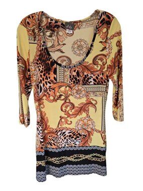 Status Print Sheath Dress Gold Chains Baroque Animal Print 3/4 Sleeve